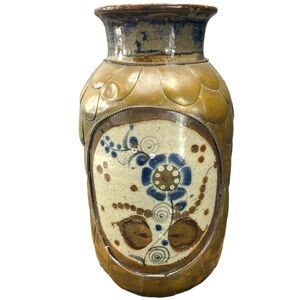 Tonala Vintage Mexican Brass Plated & Floral Folk Art Hand Painted Vase 8" High